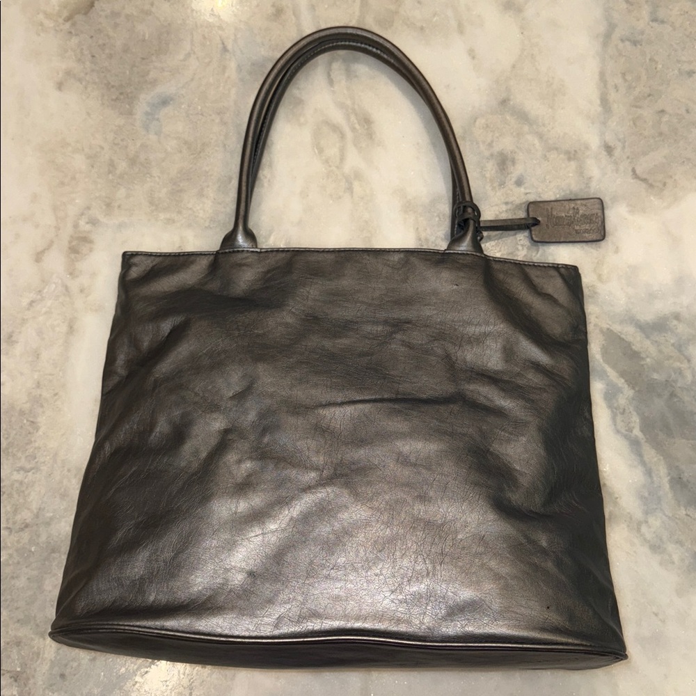 Neiman Marcus Faux Leather Metallic Silver Tote Bag rolled handles